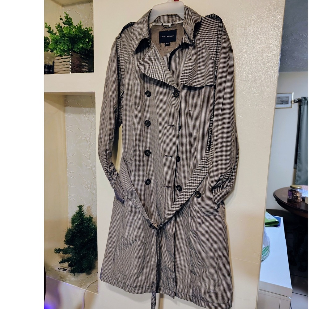 Banana Republic Womens XL Gingham Trench Coat Black White Check Double Breasted